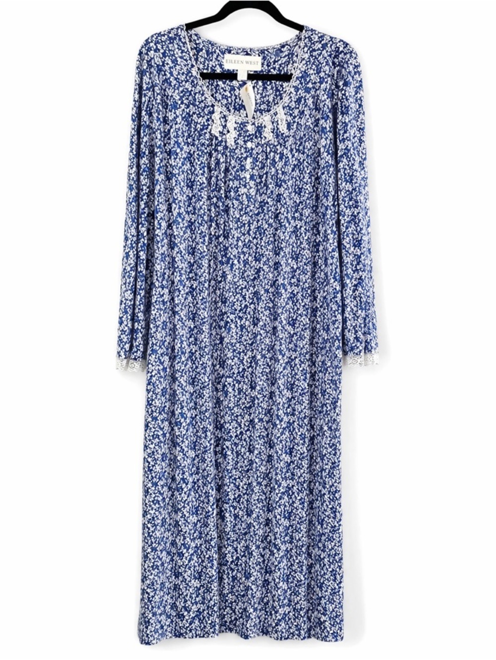 NWT Eileen West Blue Floral Micromodal Sleep Gown Lace Trim S